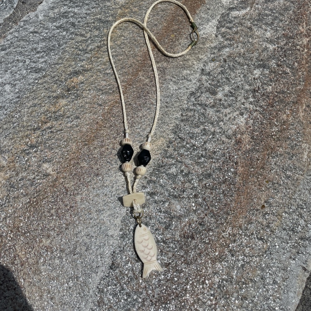 Handcrafted Cream and Black Carved Shell Fish Pendant Necklace